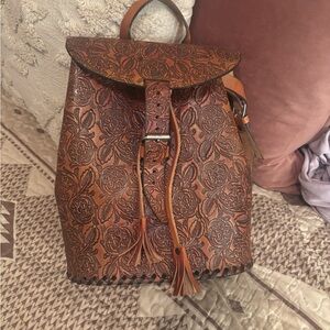 Brown Embossed Leather Backpack